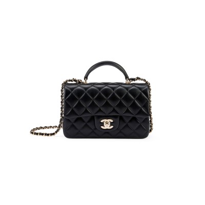 CHANEL BLACK QUILTED LAMBSKIN TOP HANDLE MINI FLAP BAG PALE GOLD HARDWARE AP4450 (18*14*3cm)